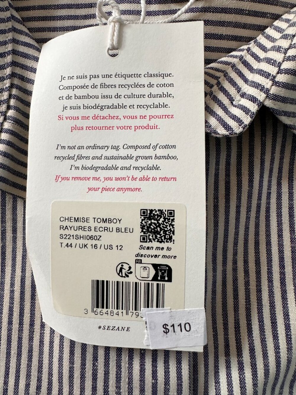 NWT Sézane Chemise Tomboy Stripe Shirt Ecru Blue Button Down Cotton 44 /US 12 - Picture 4 of 11